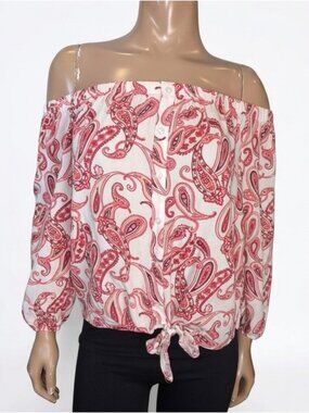 Suzy Shier Red Paisley Off The Shoulder Tie Front Boho Top Size Medium Blouse